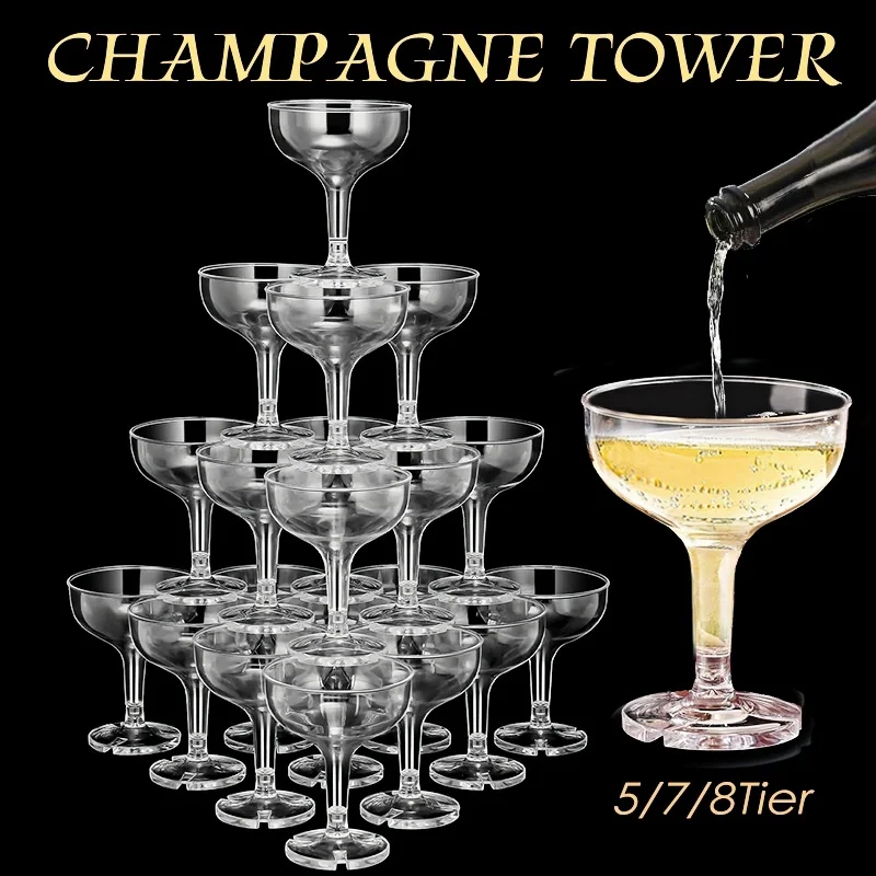 Champagne Tower Set - 5/7/8-stöckiger Champagner-Turm Gläser 5oz Klare Plastik-Champagnergläser